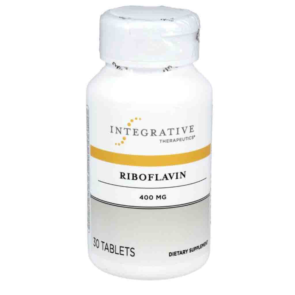 A white plastic bottle of Integrative Therapeutics Riboflavin 400 mg dietary supplement, containing 30 tablets, shown on a plain white background.