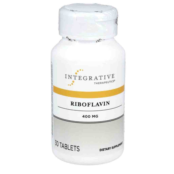 A white plastic bottle of Integrative Therapeutics Riboflavin 400 mg dietary supplement, containing 30 tablets, shown on a plain white background.