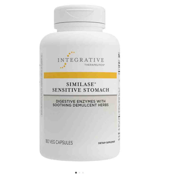 A white plastic bottle of Integrative Therapeutics Similase Sensitive Stomach dietary supplement, featuring a white cap and a label with yellow and gray accents.
