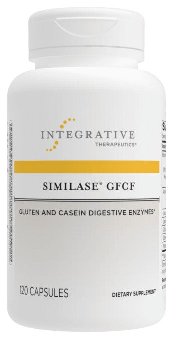 A white plastic bottle of Integrative Therapeutics Similase GFCF dietary supplement with 120 capsules, featuring a yellow horizontal stripe on the label.