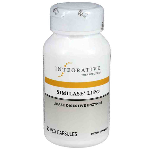 A white plastic bottle of Integrative Therapeutics Similase Lipo dietary supplement capsules, featuring a white cap and a label with black and gold text and accents.