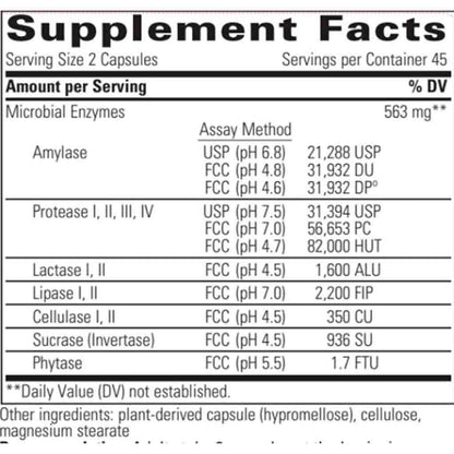 A close-up of a supplement facts label showing enzyme activity measurements for Amylase, Protease, Lactase, Lipase, Cellulase, Sucrase, and Phytase, with serving size 2 capsules and 563 mg listed.