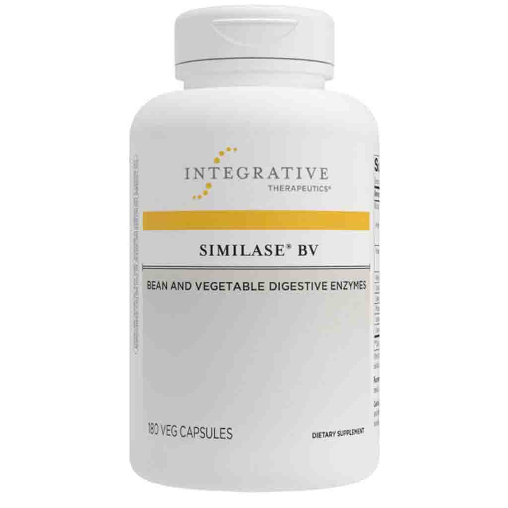 A white plastic bottle of Integrative Therapeutics Similase BV, a bean and vegetable digestive enzyme supplement, on a plain white background.