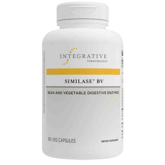 A white plastic bottle of Integrative Therapeutics Similase BV, a bean and vegetable digestive enzyme supplement, on a plain white background.