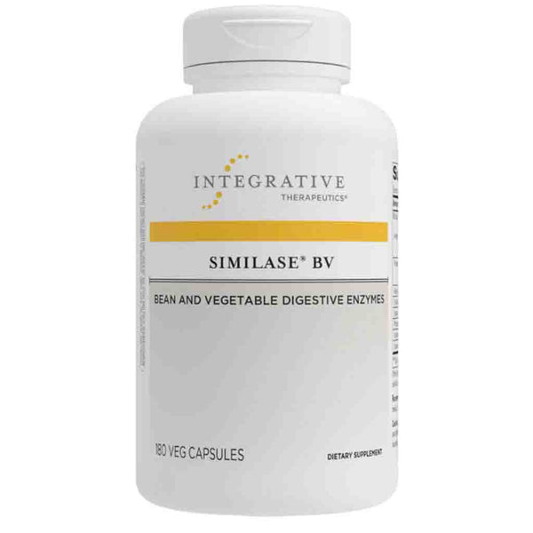 A white plastic bottle of Integrative Therapeutics Similase BV, a bean and vegetable digestive enzyme supplement, on a plain white background.