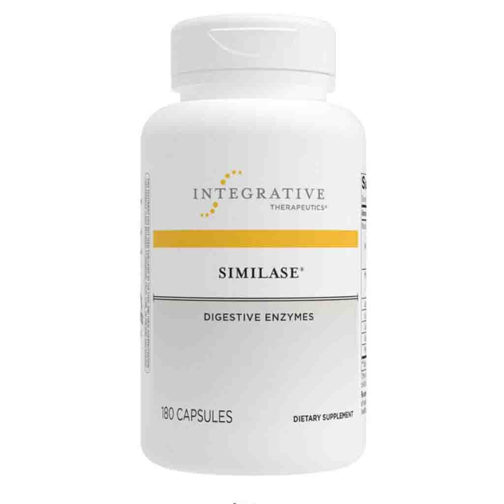 A white plastic bottle of Integrative Therapeutics Similase Digestive Enzymes, containing 180 capsules, shown against a plain white background.