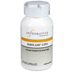 A white plastic bottle of Integrative Therapeutics Similase Lipo dietary supplement capsules, featuring a white cap and a label with black and gold text and accents.