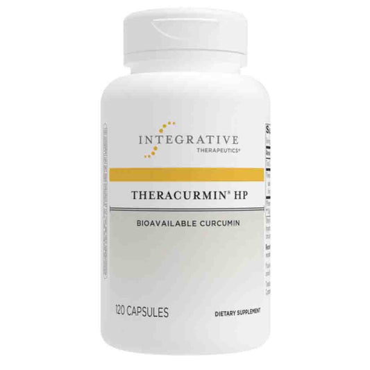A white plastic bottle of Integrative Therapeutic TheraCuminR¹ HP dietary supplement with a yellow accent stripe on the label, containing 120 capsules.