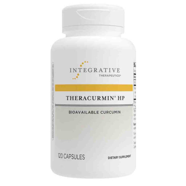 A white plastic bottle of Integrative Therapeutic TheraCuminR¹ HP dietary supplement with a yellow accent stripe on the label, containing 120 capsules.