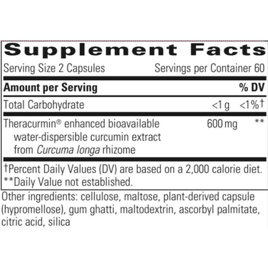 A supplement facts label reading 'Supplement Facts' with serving size 2 capsules, 60 servings per container, and Theracuramin enhanced bioavailable water-dispersible curcumin extract 600 mg listed on a black background.