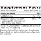 A supplement facts label reading 'Supplement Facts' with serving size 2 capsules, 60 servings per container, and Theracuramin enhanced bioavailable water-dispersible curcumin extract 600 mg listed on a black background.