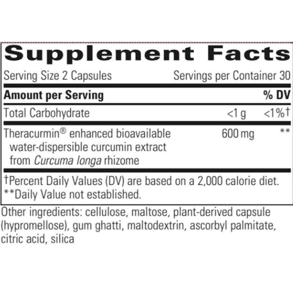 A supplement facts label showing a supplement called Theracurmin, with text detailing curcumin extract from Curcuma longa rhizome, 600 mg, and other ingredients including cellulose, maltose, and silica.