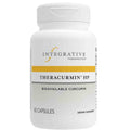 A white plastic bottle of Integrative Therapeutics TheraCurmin HP dietary supplement capsules, featuring a white label with a yellow stripe and black text.