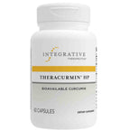 A white plastic bottle of Integrative Therapeutics TheraCurmin HP dietary supplement capsules, featuring a white label with a yellow stripe and black text.