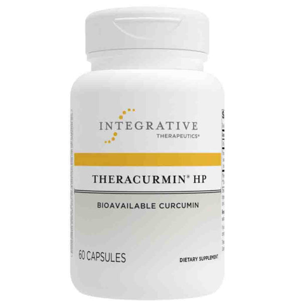 A white plastic bottle of Integrative Therapeutics TheraCurmin HP dietary supplement capsules, featuring a white label with a yellow stripe and black text.