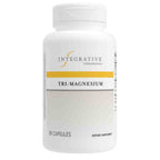 A white plastic bottle of Integrative Therapeutics Tri-Magnesium dietary supplement with 90 capsules, featuring a yellow horizontal stripe on the label.
