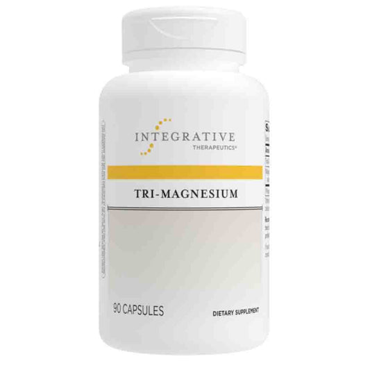 A white plastic bottle of Integrative Therapeutics Tri-Magnesium dietary supplement with 90 capsules, featuring a yellow horizontal stripe on the label.