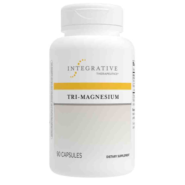 A white plastic bottle of Integrative Therapeutics Tri-Magnesium dietary supplement with 90 capsules, featuring a yellow horizontal stripe on the label.