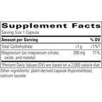 A close-up of a supplement facts label showing magnesium content: 300 mg, with text for total carbohydrate, percent daily values, and other ingredients on a white background.