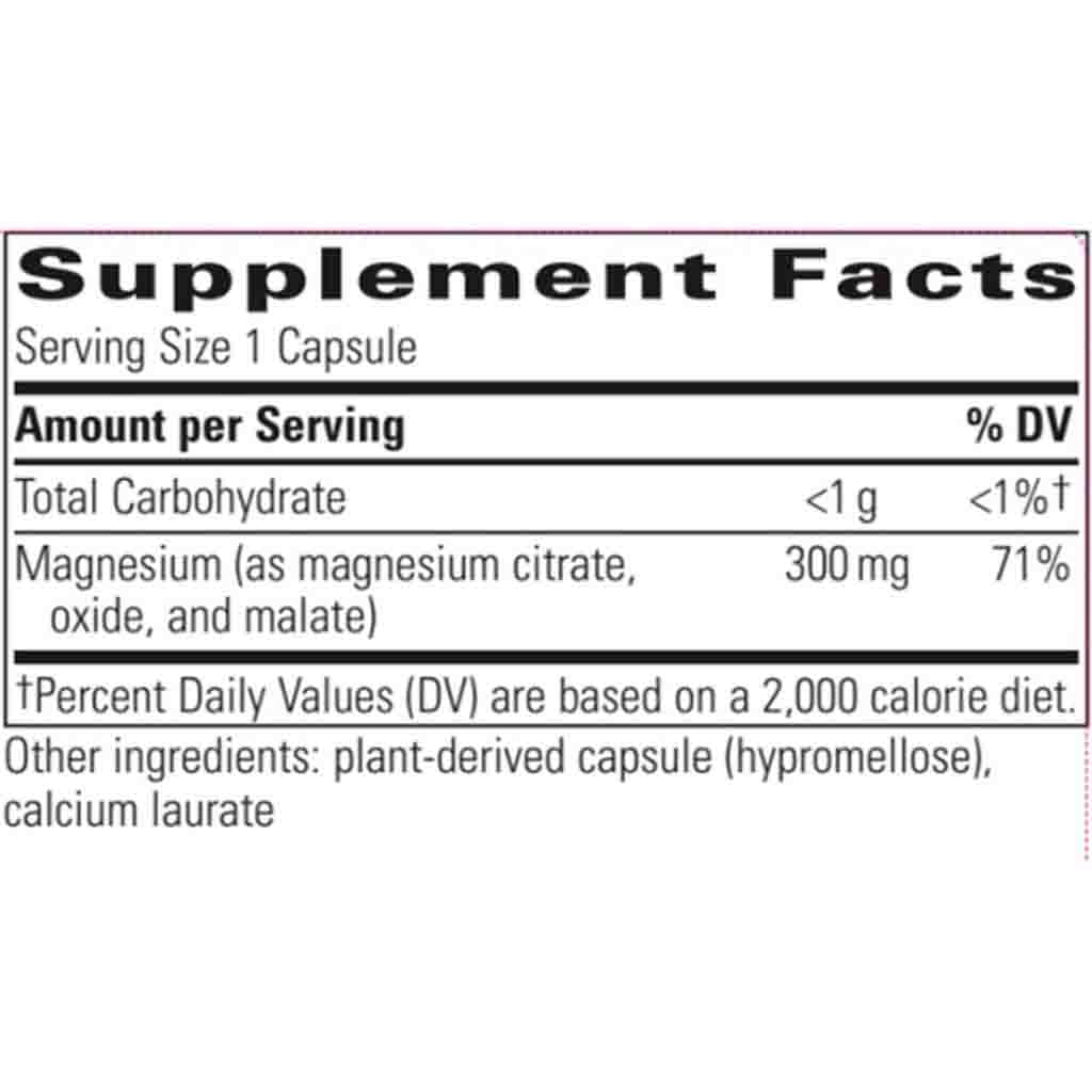 A close-up of a supplement facts label showing magnesium content: 300 mg, with text for total carbohydrate, percent daily values, and other ingredients on a white background.