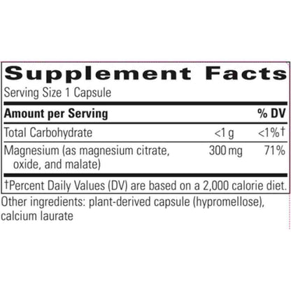 A close-up of a supplement facts label showing magnesium content: 300 mg, with text for total carbohydrate, percent daily values, and other ingredients on a white background.