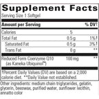 A close-up of a Supplement Facts label showing details for a softgel product. The label indicates a serving size of 1 softgel and lists nutrients such as calories, total fat, saturated fat, and trans fat.