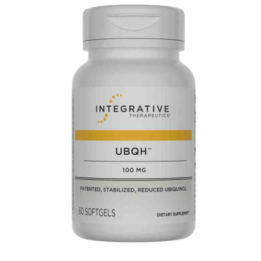 A white plastic bottle of Integrative Therapeutics UBQH 100 mg dietary supplement softgels, featuring a white label with a yellow horizontal stripe and black text.