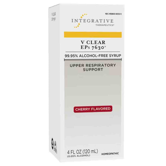 Integrative Therapeutics V Clear EPs 7630 upper respiratory support syrup box, cherry flavored, 4 fl oz (120 mL).