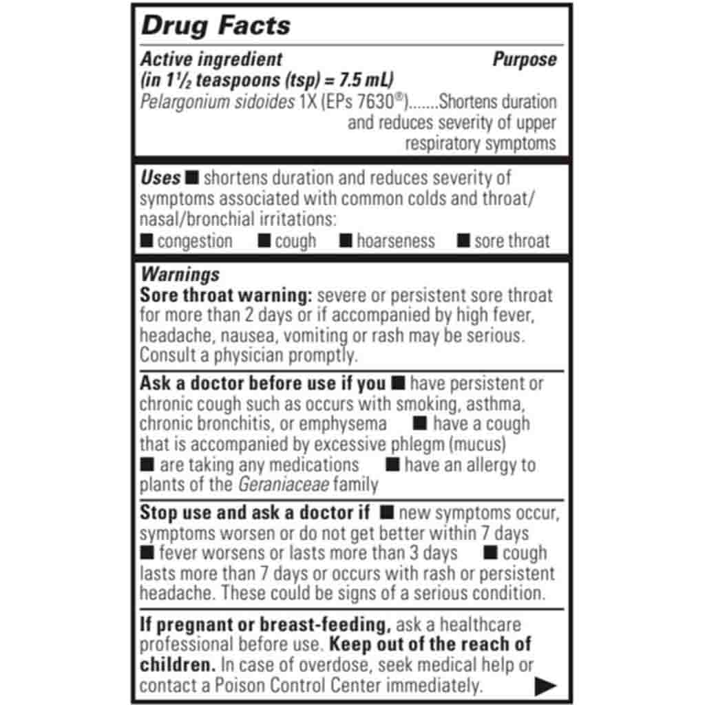 A Drug Facts label for Pelargonium sidoides 1X, showing active ingredient, purpose, uses, warnings, and usage instructions in black text on a white background.