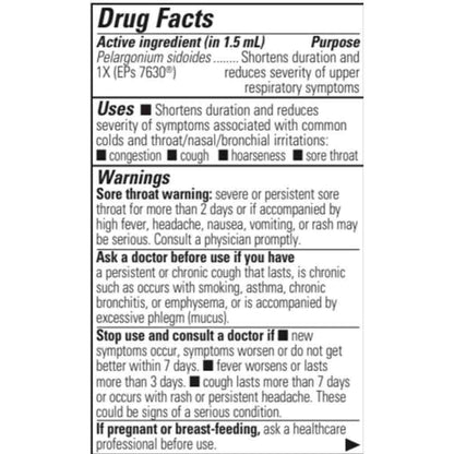 Drug Facts label for Pelargonium sidoides, showing active ingredient, purpose, uses, warnings, and usage notes in black text on a white background.