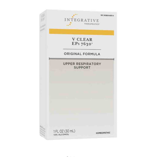 A white rectangular box of Integrative Therapeutics V Clear EPs 7630 Original Formula homeopathic upper respiratory support liquid, shown on a plain white background.