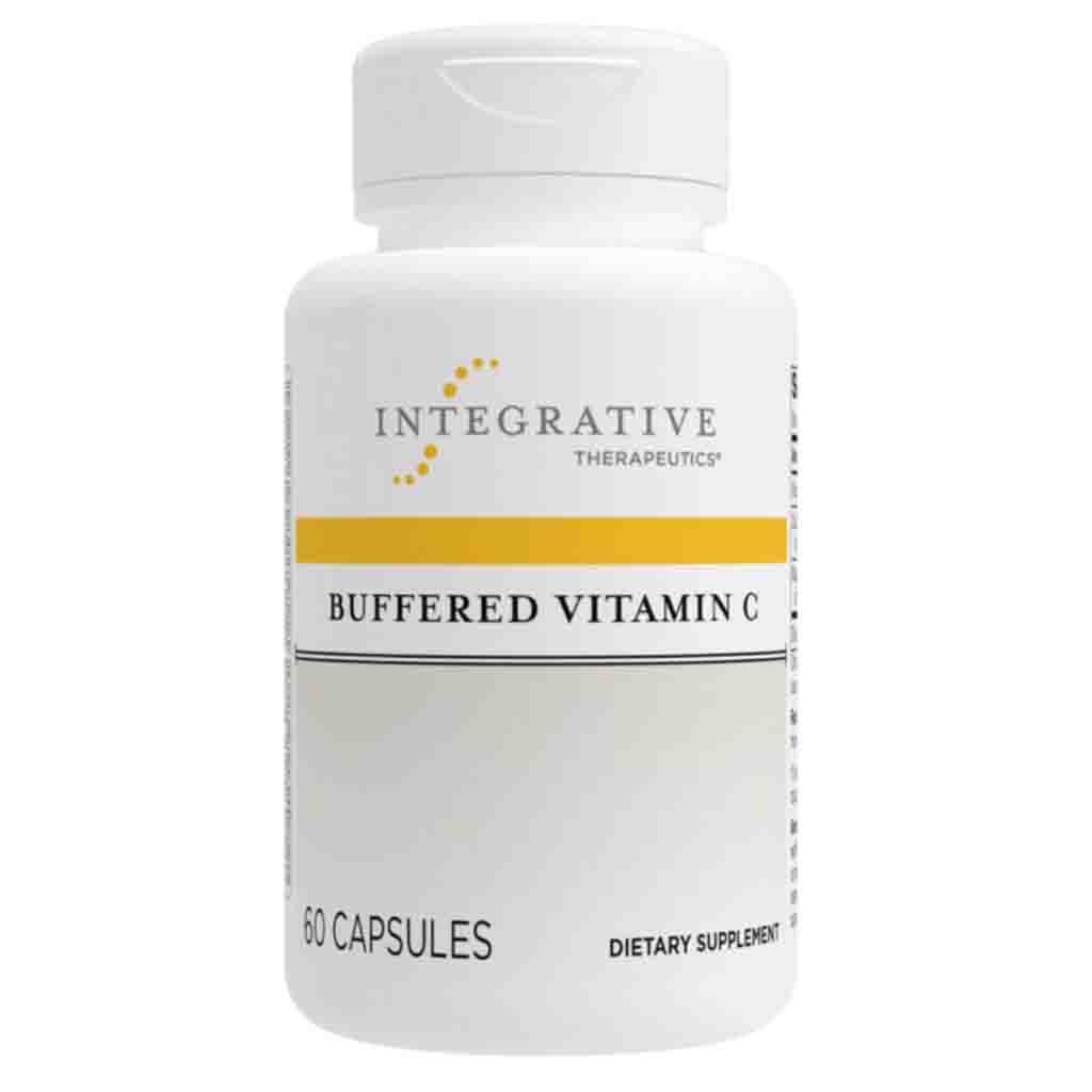 Supplement bottle labeled 'Buffered Vitamin C' by Integrative Therapeutics on a white background