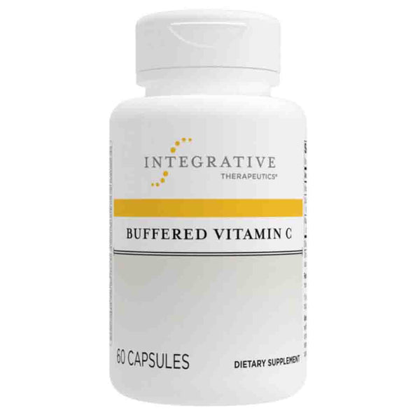 Supplement bottle labeled 'Buffered Vitamin C' by Integrative Therapeutics on a white background