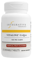 A white plastic bottle of Integrative Therapeutics Vitaline CoQ10 dietary supplement, 100 mg, tropical fruit flavored, containing 30 chewable tablets.
