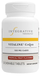 A white plastic bottle of Integrative Therapeutics Vitaline CoQ10 dietary supplement, 100 mg, tropical fruit flavored, containing 30 chewable tablets.