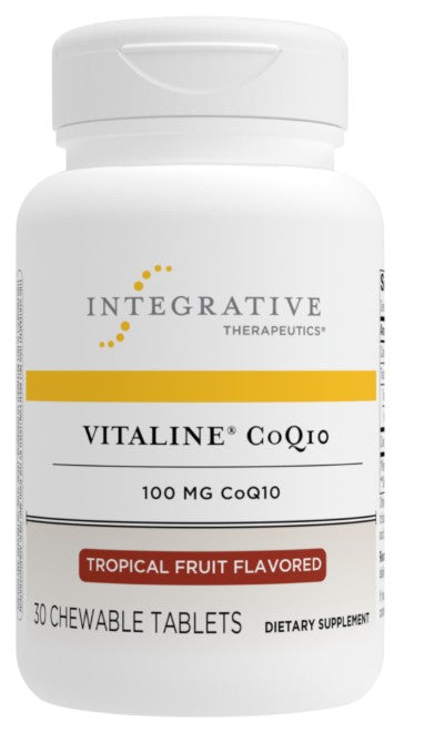 A white plastic bottle of Integrative Therapeutics Vitaline CoQ10 dietary supplement, 100 mg, tropical fruit flavored, containing 30 chewable tablets.