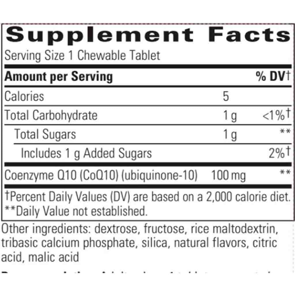 A close-up of a Supplement Facts label showing nutrition information for a chewable tablet, including calories, total carbohydrate, sugars, and Coenzyme Q10 (CoQ10) 100 mg.