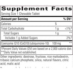 A close-up of a Supplement Facts label showing nutrition information for a chewable tablet, including calories, total carbohydrate, sugars, and Coenzyme Q10 (CoQ10) 100 mg.