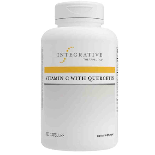 A white plastic bottle of Integrative Therapeutics Vitamin C with Quercetin dietary supplement, containing 180 capsules, shown on a plain white background.