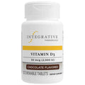 A white plastic bottle of Integrative Therapeutics Vitamin D3 chewable tablets, 120 count, chocolate flavored, on a plain white background.
