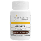 A white plastic bottle of Integrative Therapeutics Vitamin D3 chewable tablets, 120 count, chocolate flavored, on a plain white background.