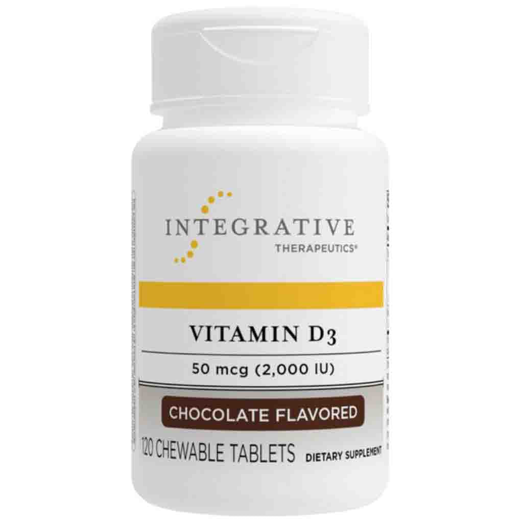 A white plastic bottle of Integrative Therapeutics Vitamin D3 chewable tablets, 120 count, chocolate flavored, on a plain white background.