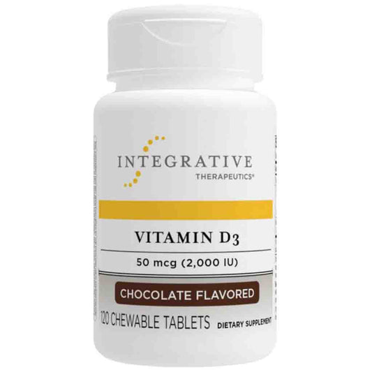 A white plastic bottle of Integrative Therapeutics Vitamin D3 chewable tablets, 120 count, chocolate flavored, on a plain white background.