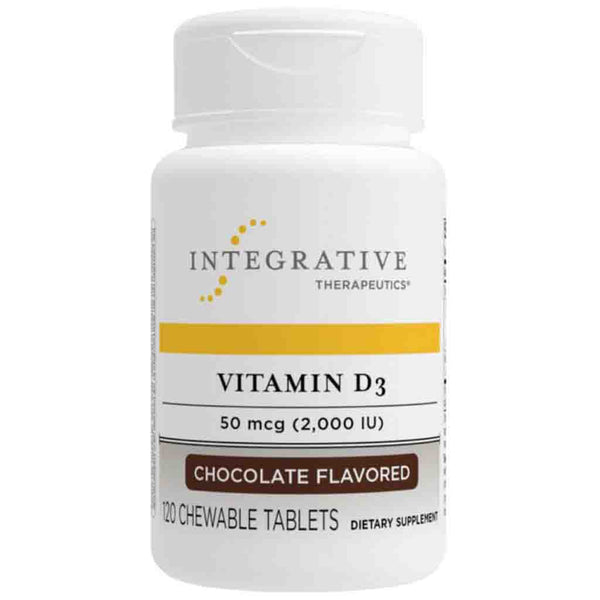 A white plastic bottle of Integrative Therapeutics Vitamin D3 chewable tablets, 120 count, chocolate flavored, on a plain white background.