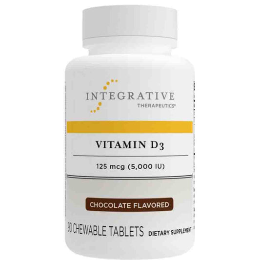 A white bottle of Integrative Therapeutics Vitamin D3 chewable tablets, 125 mcg (5,000 IU), chocolate flavored, with a white cap on a white background.