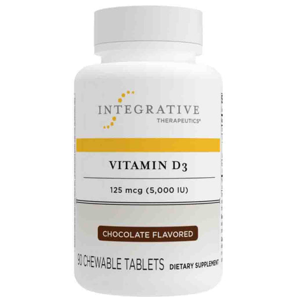 A white bottle of Integrative Therapeutics Vitamin D3 chewable tablets, 125 mcg (5,000 IU), chocolate flavored, with a white cap on a white background.