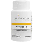 A white bottle of Integrative Therapeutics Vitamin E dietary supplement, 268 mg (400 IU), containing 60 softgels, shown on a plain white background.