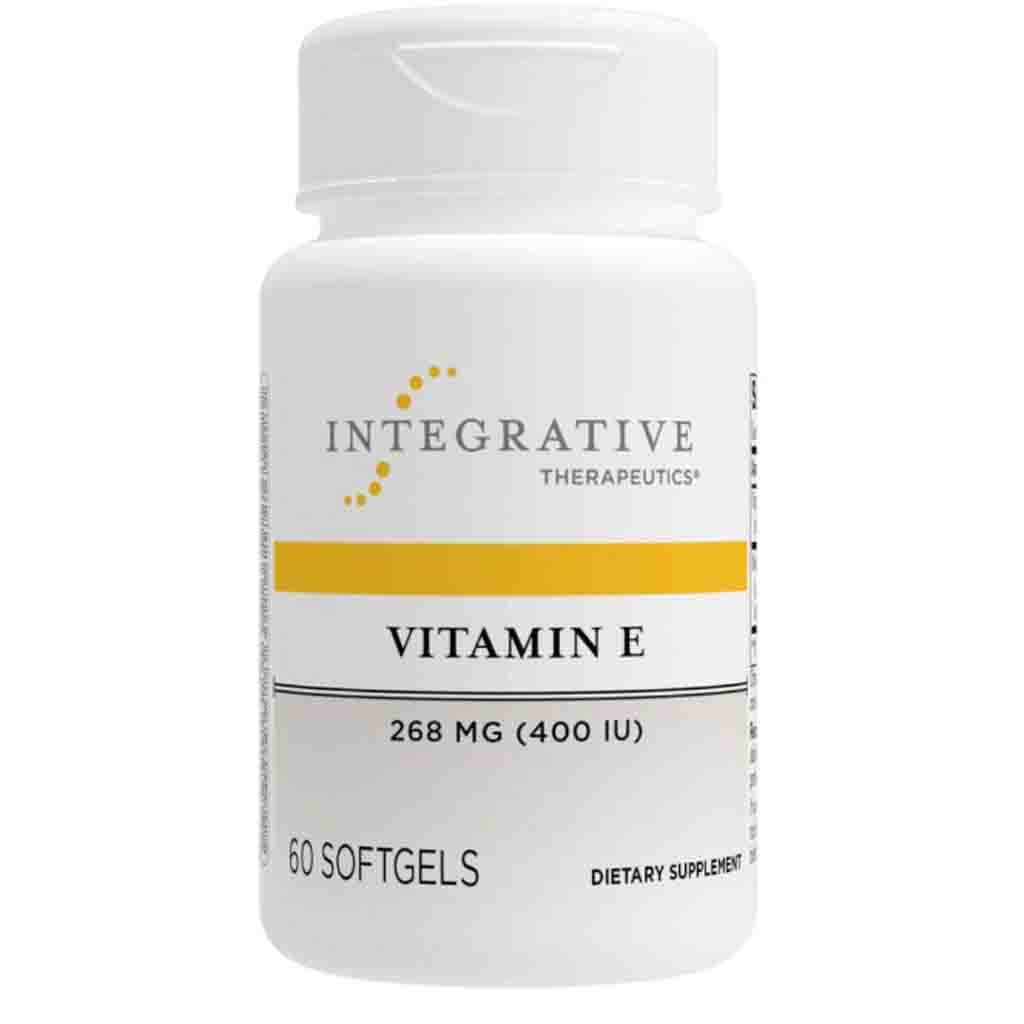 A white bottle of Integrative Therapeutics Vitamin E dietary supplement, 268 mg (400 IU), containing 60 softgels, shown on a plain white background.