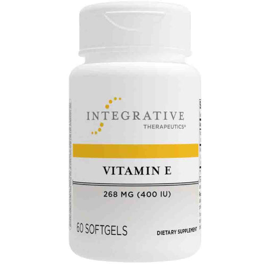 A white bottle of Integrative Therapeutics Vitamin E dietary supplement, 268 mg (400 IU), containing 60 softgels, shown on a plain white background.