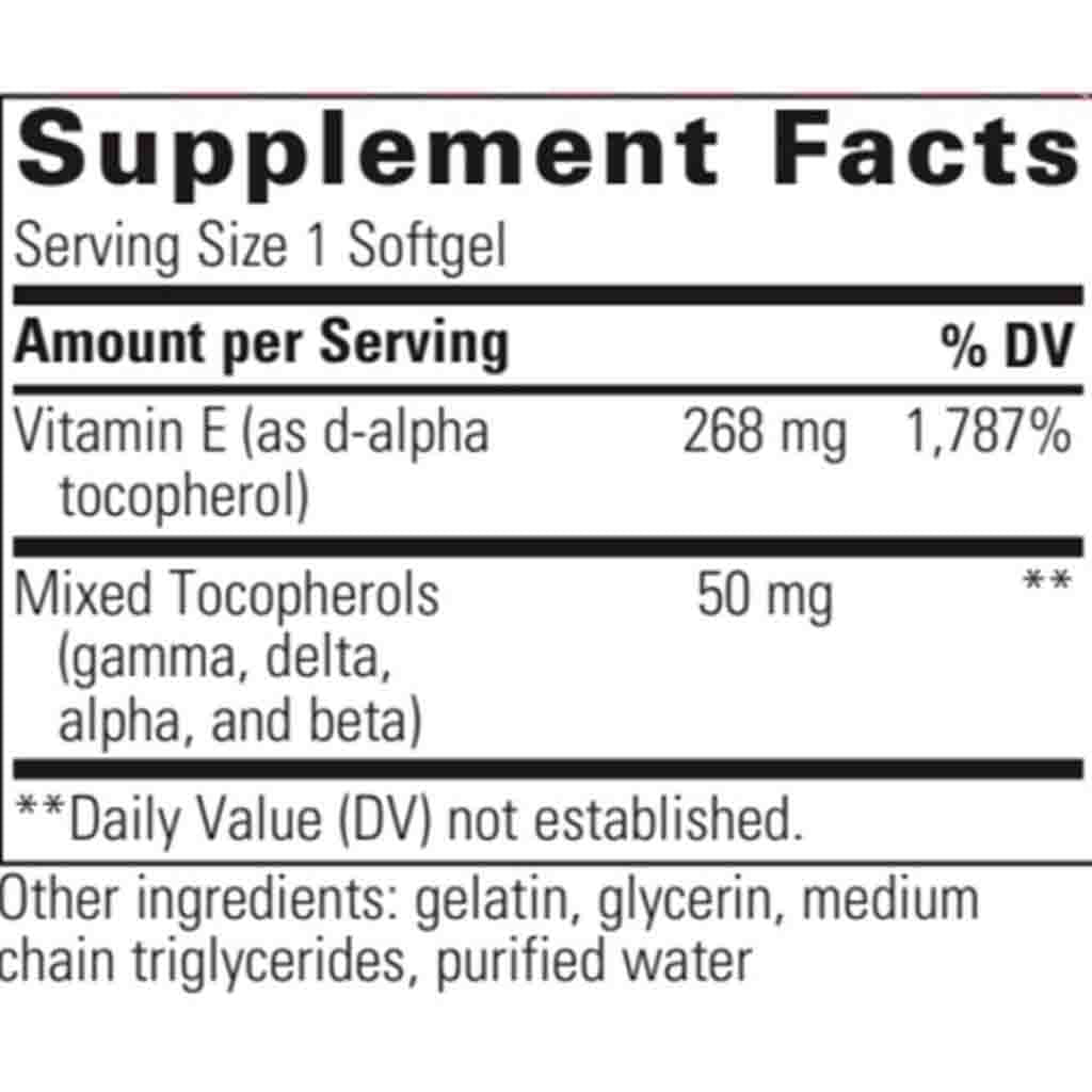 A close-up of a supplement facts label showing serving size 1 softgel and amounts per serving for Vitamin E and mixed tocopherols, with other ingredients listed below on a white background.